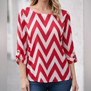 Pink & White Chevron Blouse | 3/4 Sleeve